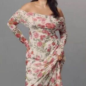 Anthropologie AFRM Off-The-Shoulder Maxi Dress Pink Roses Body-Con Plus 1X NWT!